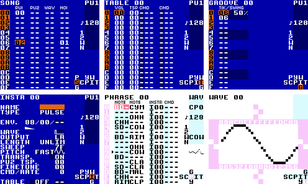 Скриншоты интерфейса LSDj в версии для Game Boy Color