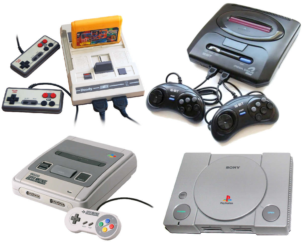 Главные столпы консольного гейминга 1990-х в наших краях: Денди, Сега, Super Nintendo, PlayStation