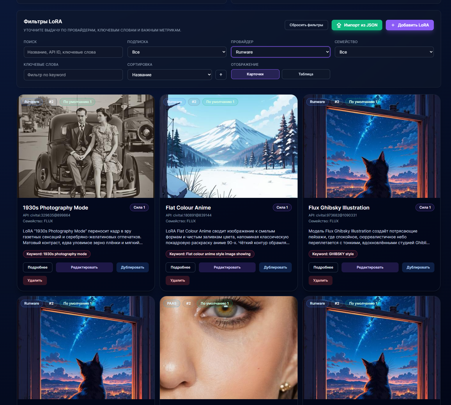 LoRA – режим фильтрации и карточки LoRA‑моделей