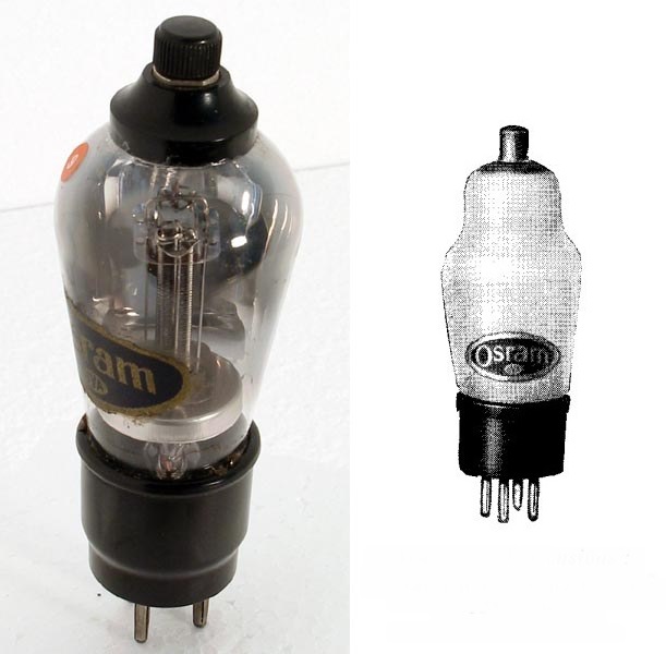 Фото 4.5. Ранний (слева) вариант тетрода S-23 Osram. В вариантах более поздних (справа), клемма на макушке заменена на привычный колпачок, а колба стала металлизированной и более фигуристой (вероятно, с улучшенным креплением электродной системы). Прибор примечателен анодами-стержнями, что при малом токе вполне допустимо, и применением автоматизированной сборки. В лампе применён новый, по тем временам, «оксидный» геттер