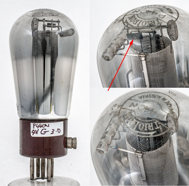 Фото 5.2. Австрийский выходной пентод 1932 года Р440N. Оксидный катод косвенного накала, на траверсе управляющей сетки дополнительный теплоотвод (отмечен). Один из немногих вариантов прежней конструкции (большие колбы, просторная компоновка, стеклянные изоляторы). Лампы уже становятся компактнее, миниатюрнее, с плотной и жёсткой электродной системой, распятой между слюдяными изоляторами — ничего интересного для самодельщика