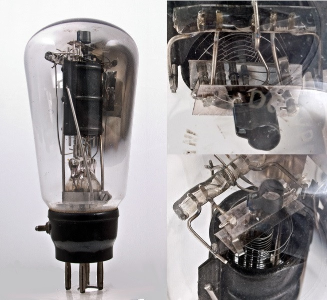 Фото 5.3. Ещё один крупный пентод 1931 г. — DC2/Pen от Mazda (торговая марка General Electric) с питанием 40 В накала от осветительной сети. Интересен способ крепления тяжёлой электродной системы — металлическим хомутом на основании стеклянной ножки. Антидинатронная сетка крепится на двух траверсах, управляющая и экранная — каждая на одной