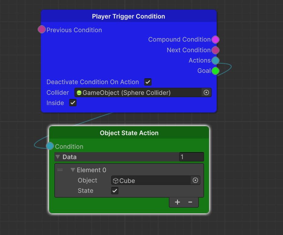 Переключение состояния массива объектов при попадании игрового персонажа в зону на xNode