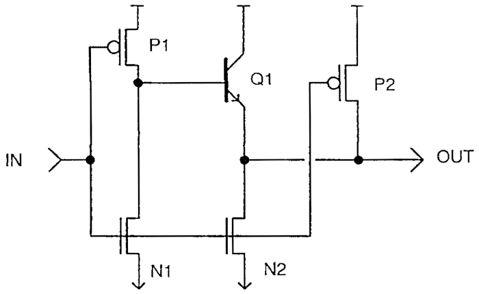 Типичный инвертор BiCMOS. По материалам «A 3.3V 0.6µm BiCMOS superscalar microprocessor».