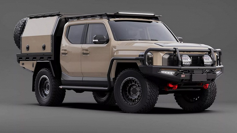 Kia Tasman превратился в приключенческий пикап мечты: мощный силовой бампер, лифт подвески и дом на колесах