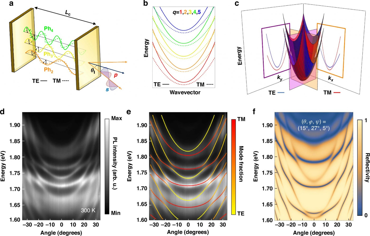 Рисунок 1. a) Принцип работы устройства b). Теоретическое предсказание: диаграмма показывает, что должно происходить со светом в резонаторе с анизотропным кристаллом. Каждая световая «нота» расщепляется на две близкие по энергии линии из-за свойств резонатора и анизотропии самого кристалла. c) Главный теоретический результат — асимметричное взаимодействие:  здесь смоделировано поведение двух световых мод, которые в обычной ситуации не должны взаимодействовать. d) Экспериментальные данные, полученные с микроскопа при комнатной температуре. Яркие изогнутые линии — это свет, испускаемый системой под разными углами. На графике отчетливо видны те самые «анти-пересечения», которые были предсказаны теорией в (c). Это прямое доказательство того, что ученым удалось создать и наблюдать сильное спин-орбитальное взаимодействие для фотонов. e) Подтверждение теории: Этот график — результат компьютерного моделирования, основанного на новой теоретической формуле (эффективном Гамильтониане) исследователей. Он практически идеально совпадает с экспериментальными данными из (d), что доказывает верность их теоретической модели и правильность понимания физических процессов. f) Определение причины эффекта: более точная симуляция не только воспроизводит наблюдаемую картину, но и позволяет сделать следующий шаг: рассчитать точную трехмерную ориентацию микрокристалла перовскита, которая и привела к появлению именно такого уникального рисунка взаимодействия. Углы (15°, 27°, 5°) — это углы Эйлера, описывающие наклон и поворот кристалла в пространстве.  Источник: Light: Science & Applications