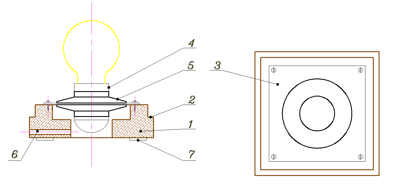 Рис. 3.1. Простой вариант небольшого объёмного светильника на основе витражной работы, получается на деревянной подставке-кубике с вживлённой лампой, тем более что её предложенное цельное устройство можно заменить на сборную конструкцию, или даже распечатать пластиком на всенародно любимом 3D принтере. На рисунке: 1 — деревянное основание; 2 — паз для установки стеклянного плафона; 3 — металлическая пластина; 4 — патрон лампы; 5 — плоские гайки из комплекта патрона (двух патронов); 6 — отверстие для сетевого провода; 7 — резиновые ножки