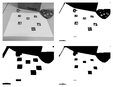 Сила оттенков серого: компьютерное зрение с нуля - 5 Aruco markers: original, thresholded, eroded, dilated