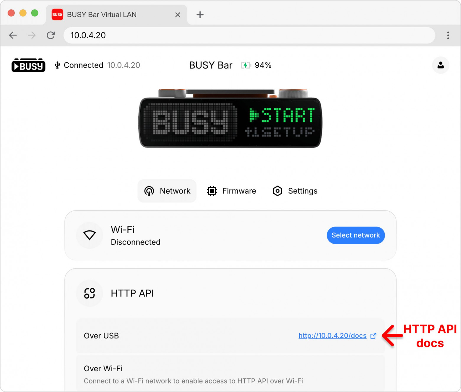 Главная страница web-интерфейса BUSY Bar и ссылка на документацию HTTP API на ней
