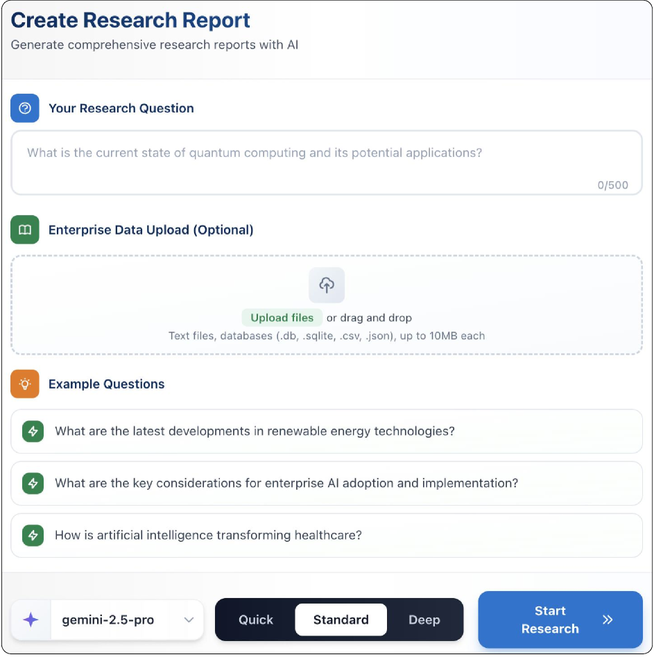 Начальная страница для ввода исследовательского запроса и добавления файлов (изображения, таблицы, базы данных). Доступны 3 режима — быстрый обзор, стандартный режим глубокого исследования и максимально подробный отчёт — с возможностью выбрать базовую LLM.