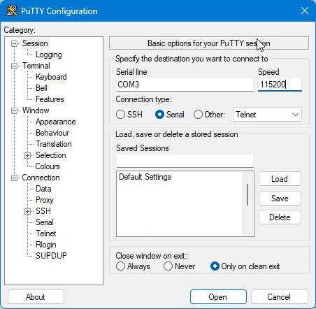 Рис. 2. Настройка PuTTY для подключения к NanoVNA