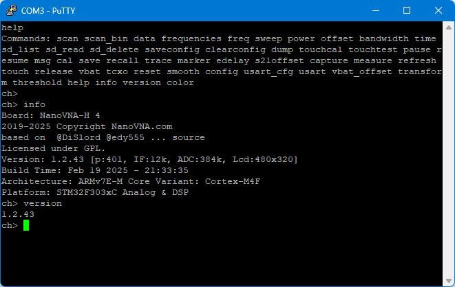 Рис. 3. Ручной ввод команд для NanoVNA