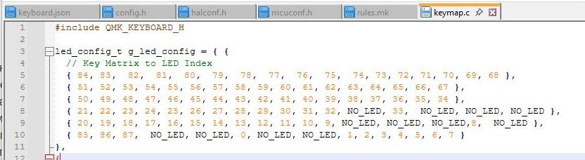 Нумерация идет от светодиода 0, который находится у меня на кнопке "пробел". Светодиоды идут змейкой. Параметр NO_LED я оставил для соотношения матрицы 6*17