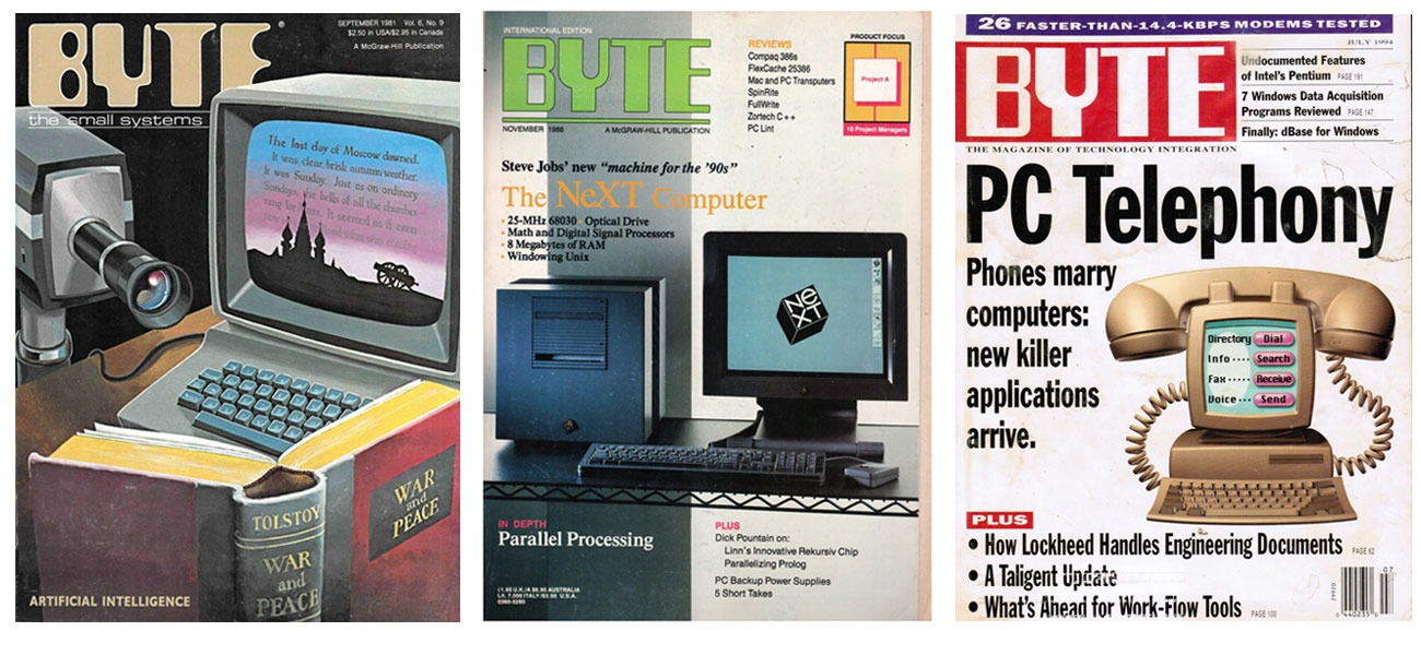 Для примера обложки журнала Byte из 3 десятилетий (70-е, 80-е и 90-е). Журнал образовался благодаря Клубу в 1975 году, а закрылся в 1998 году «благодаря» онлайн изданиям