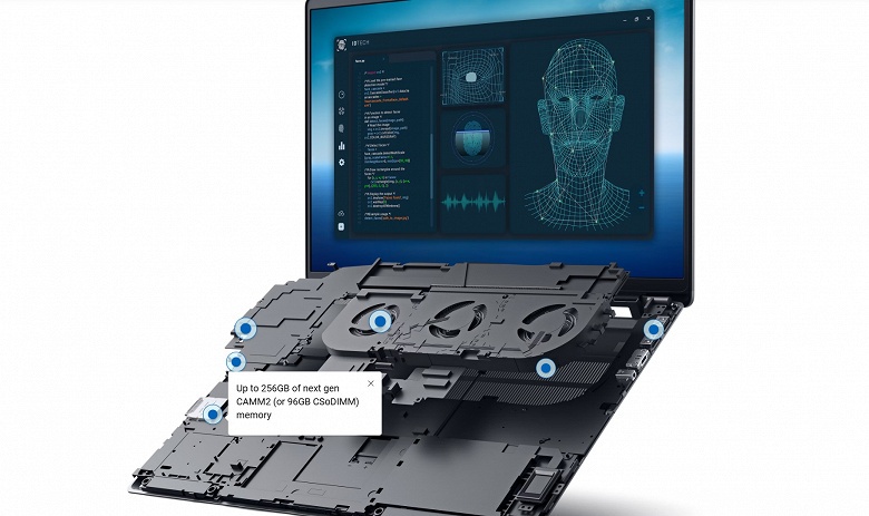 В этот ноутбук можно установить до 256 ГБ ОЗУ, причём поддерживается как CAMM2, так и SO-DIMM. Представлен Dell Pro Max 18 Plus