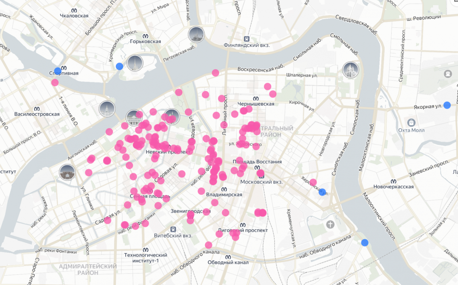 Иллюстрация ситуации дисбаланса спроса и предложения. Фиолетовые точки — заказы, синие точки — водители