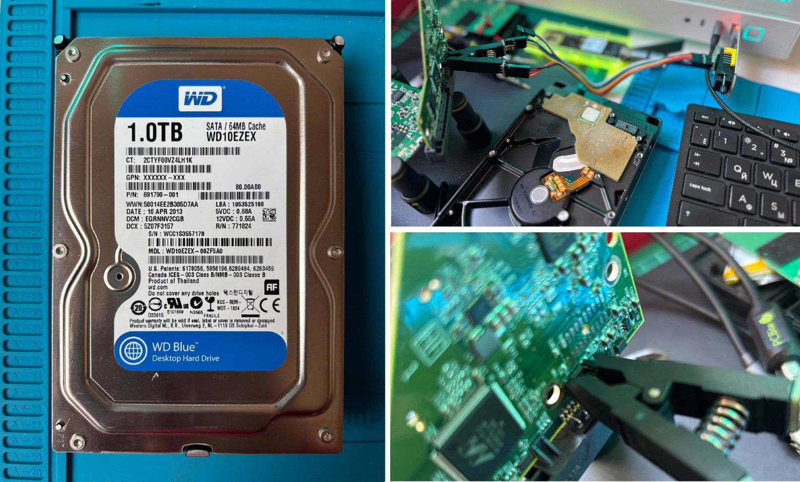 HDD Western Digital нам продали уже сломанным. Замена управляющей платы и электрошоковая терапия двигателя не увенчались успехом, и мы решили больше не мучать накопитель
