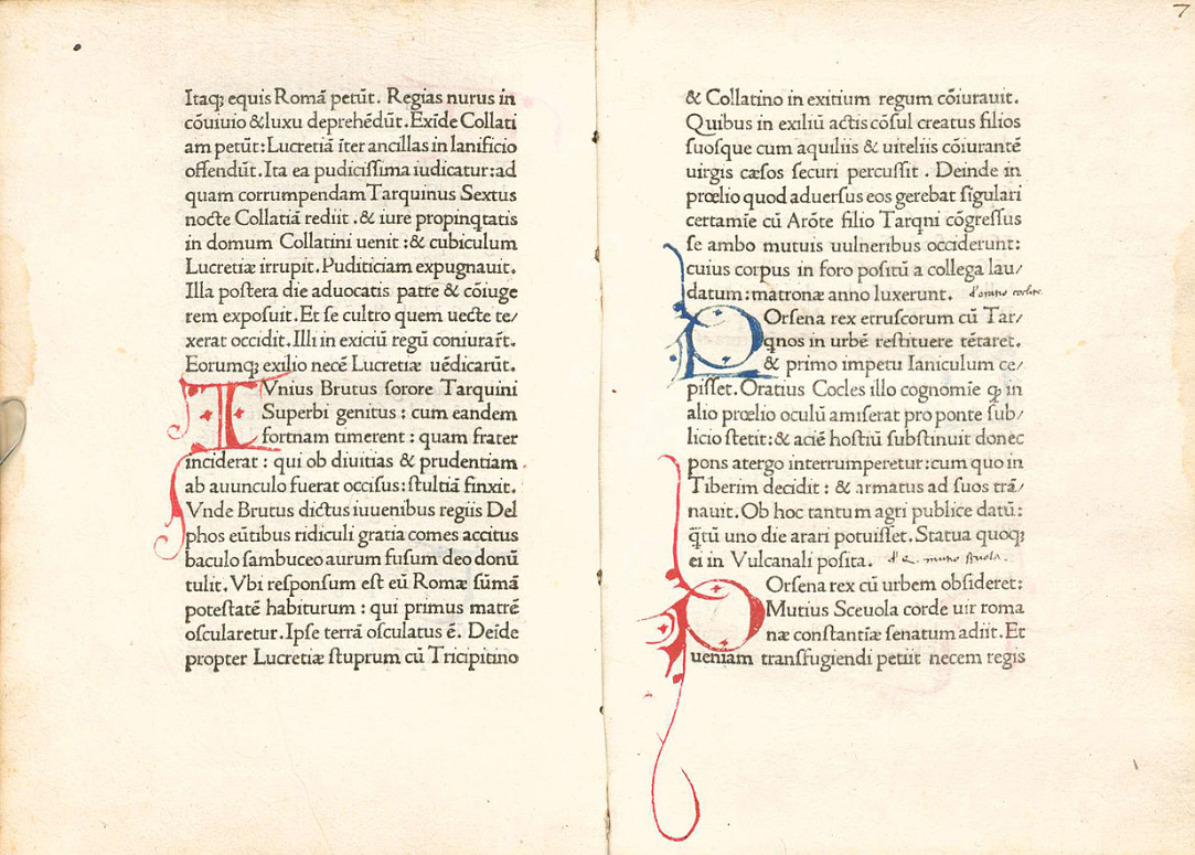 Разворот из трактата De viris illustribus, набранного антиквой и изданной Пьером Жансоном в 1474 году. В наличии точки, вместо запятых используется двоеточие, вместо тире при переносе слов — косая черта.