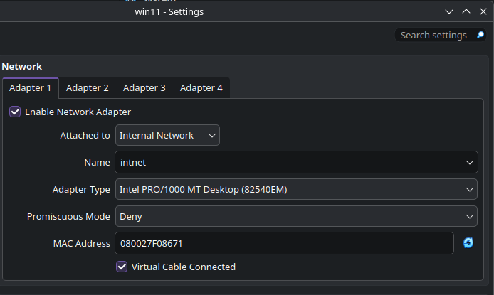Сетевой адаптер для тестируемой машины