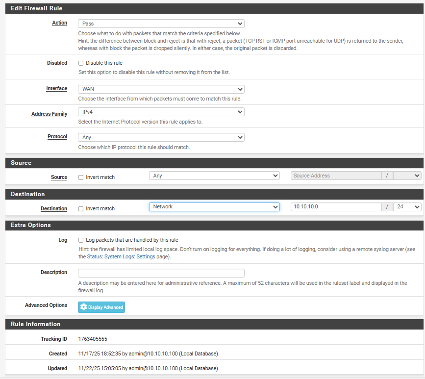 Правило для WAN сети