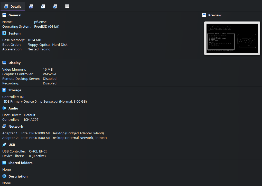 Конфигурация pfSense в VirtualBox
