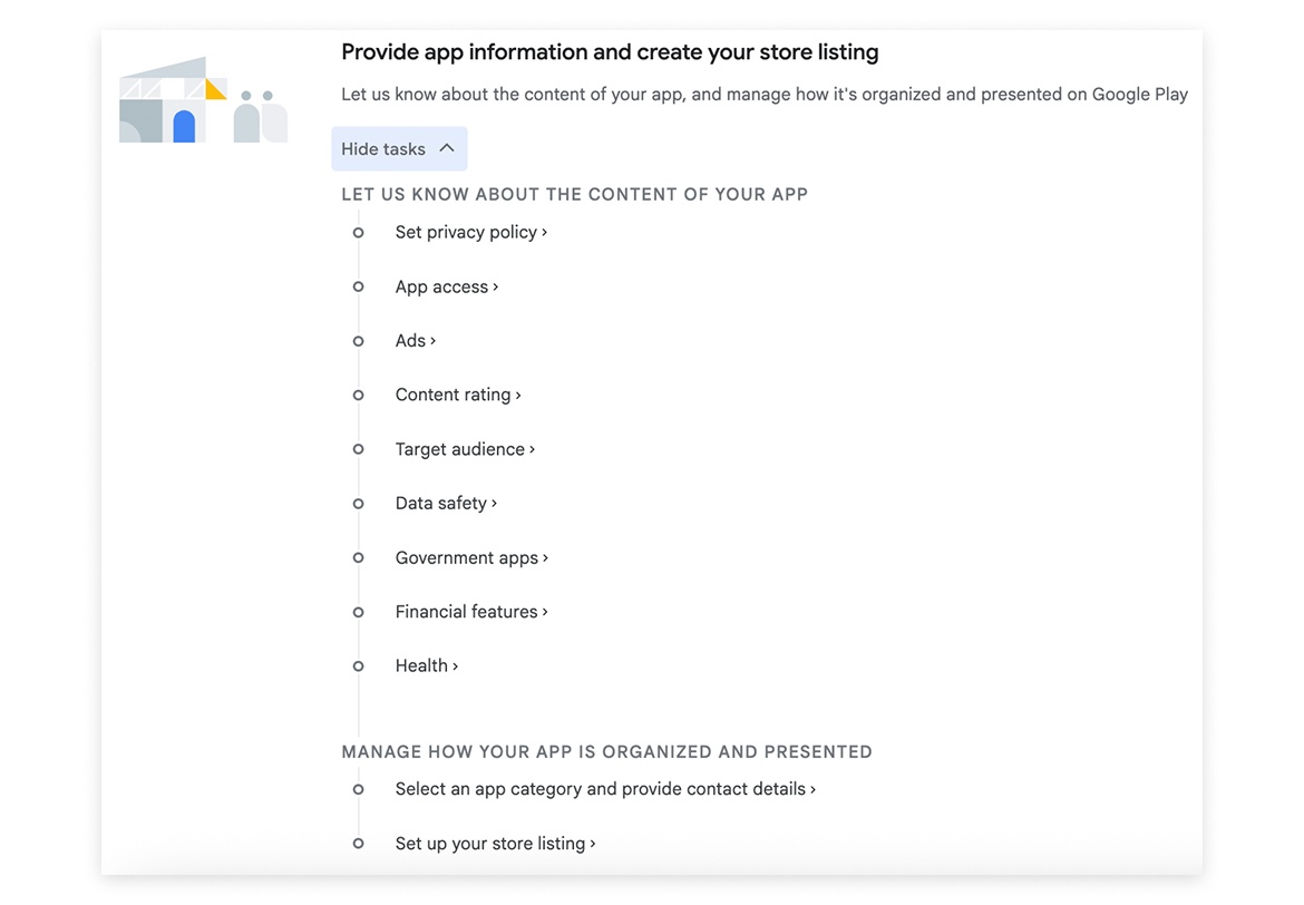 Чек-лист на странице приложения сразу после создания