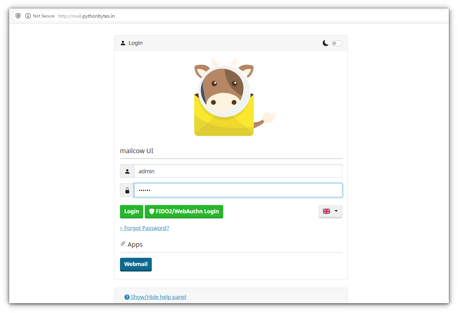 Вход в Mailcow при первоначальной настройке с учетными данными по умолчанию