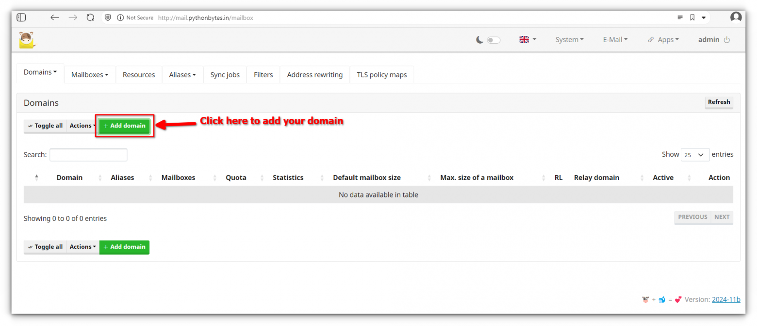 Нажатие на кнопку добавления домена