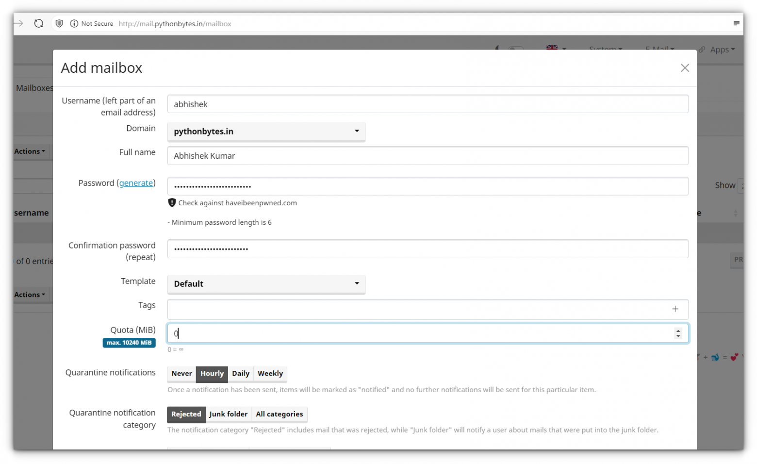 Настройка пользователя для почтового ящика