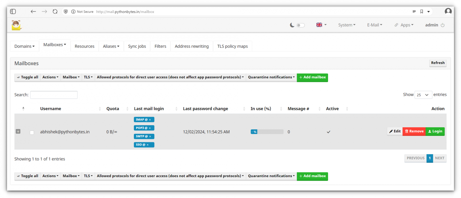 После готовности вы увидите почтовый ящик в списке с другими настройками