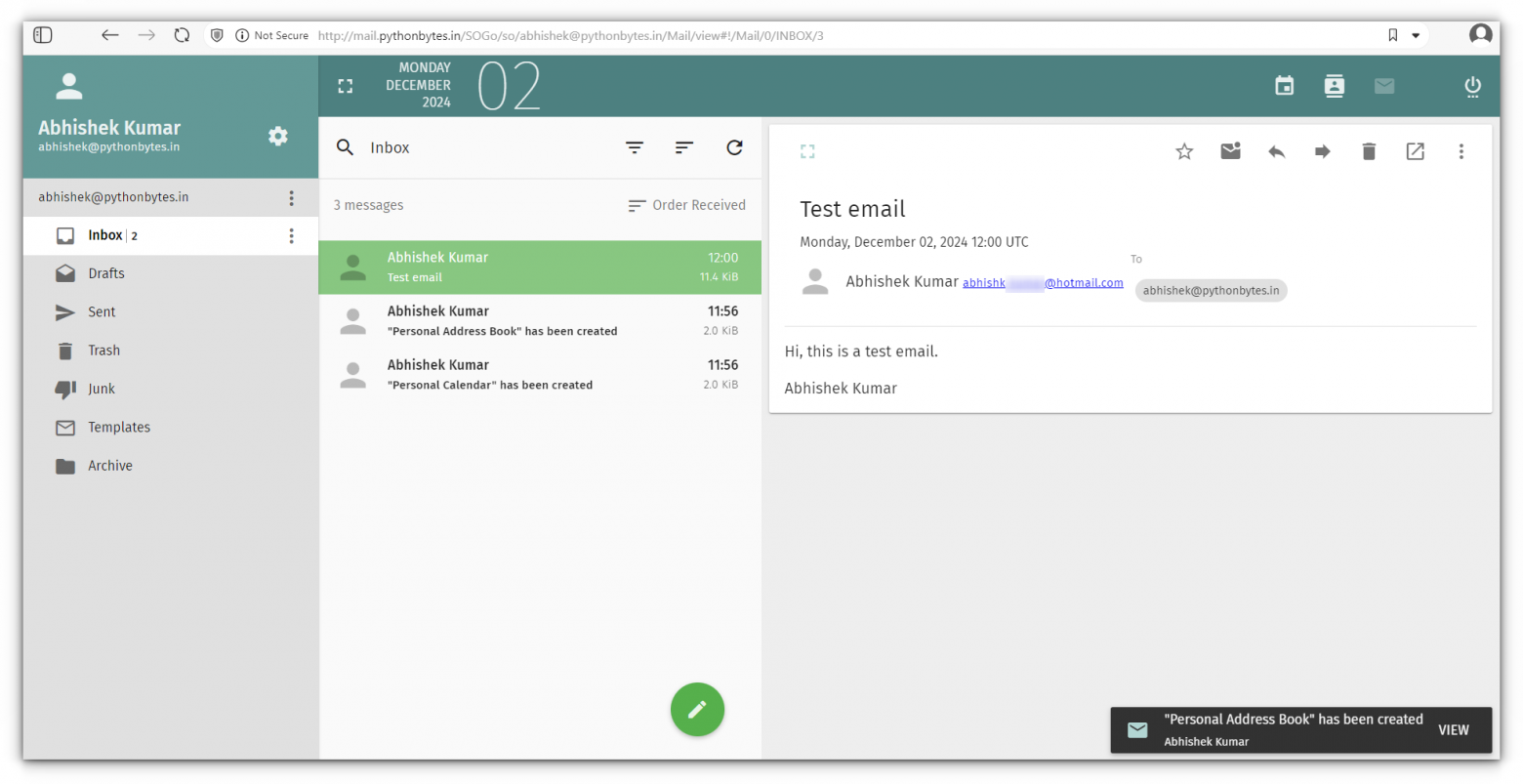 Письмо получено в веб-почте Cowmail, отправленное с аккаунта Outlook