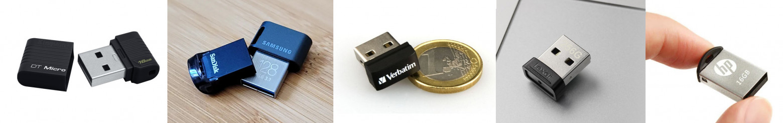 Слева направо: Kingston DataTraveler Micro, SanDisk Ultra Fit,  Verbatim Nano Store 'n' Stay, Lexar JumpDrive s47, HP V222W