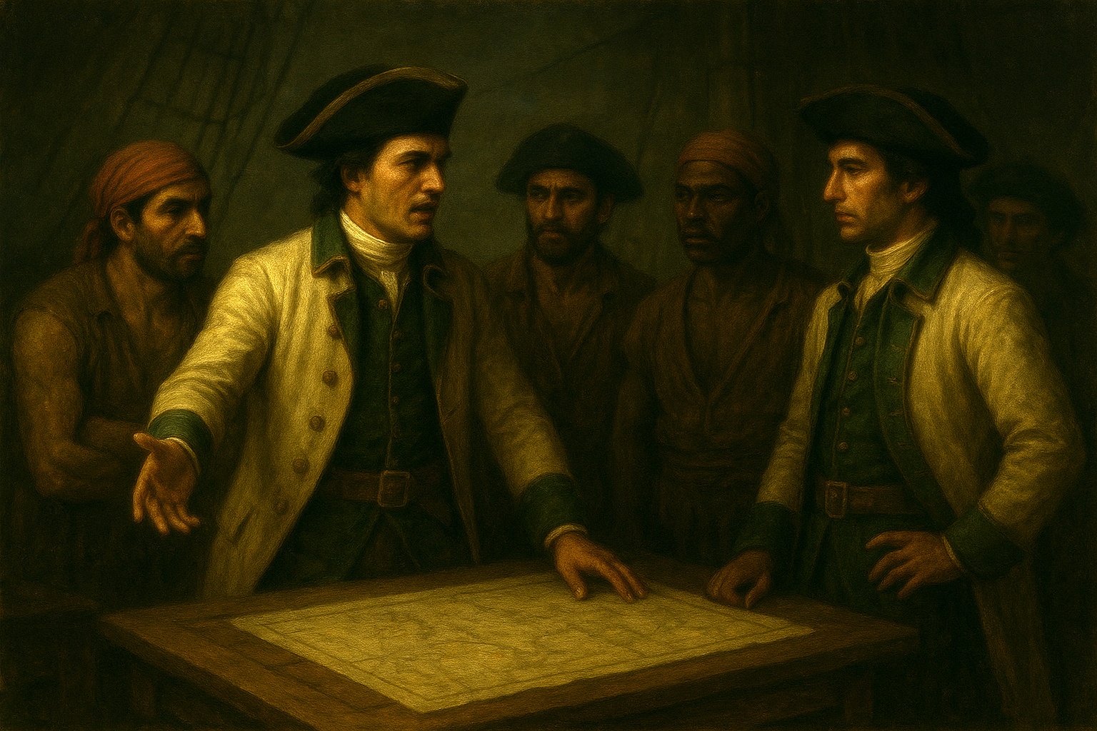 Командир эскадры корсаров знакомит с планом охоты на шебеку, перевозящую сокровища, одного из своих капитанов. Кстати, у графа Орлова капитаны и офицеры его корсарских кораблей - греки, итальянцы и южные славяне - щеголяли в форме ВМФ Российской империи. 