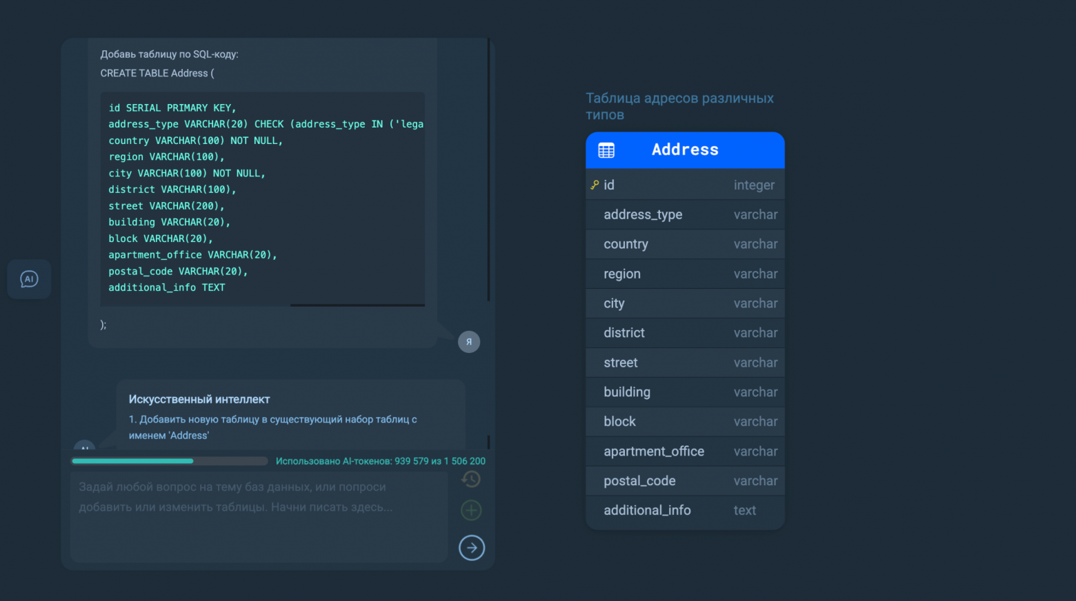 На данном примере ИИ добавил таблицу по SQL-описанию. Подойдёт любой формат, не только SQL.