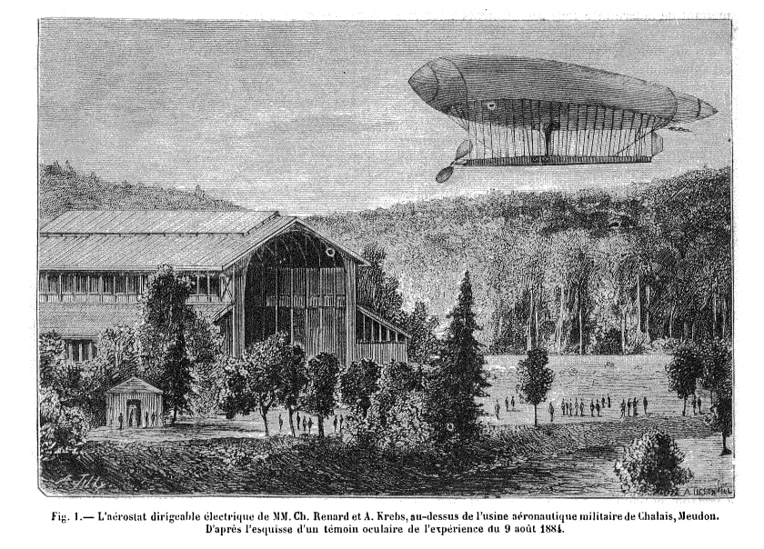 «La France» в воздухе и ангар Y в Мёдоне, первый в истории эллинг для хранения дирижаблей