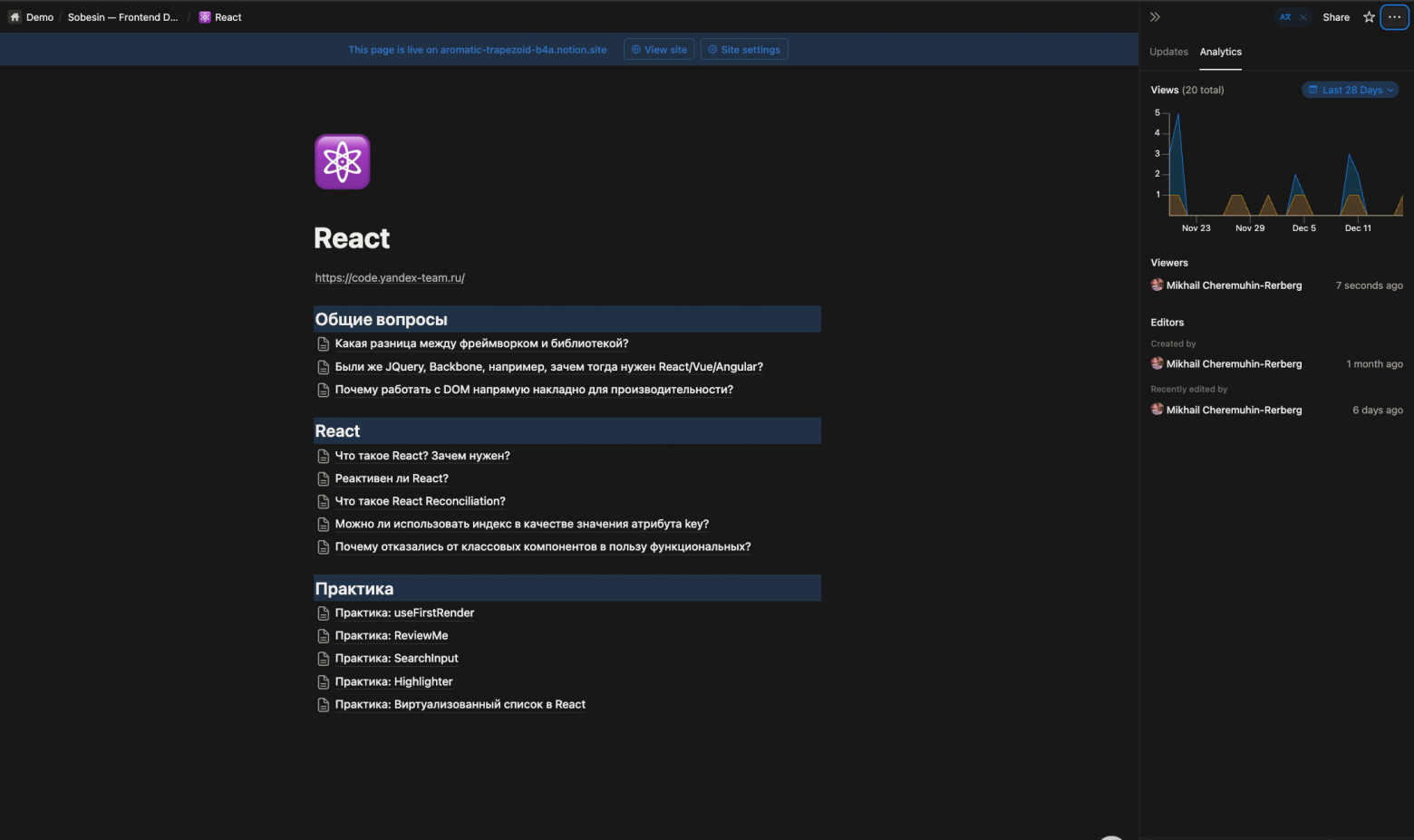 Пример аналитики Notion страницы