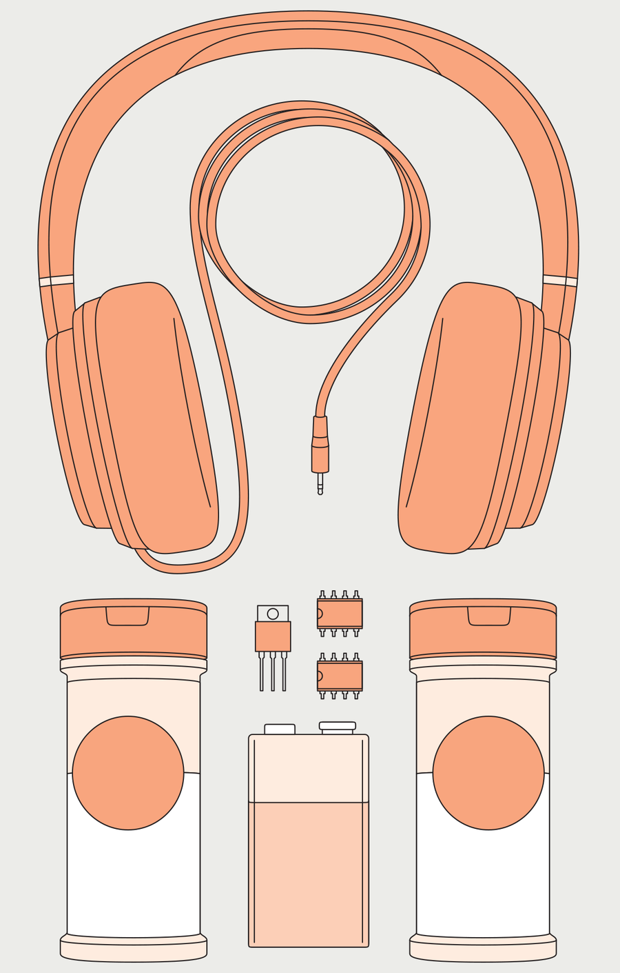 Частота сигнала, излучаемого протонами, прецессирующими в магнитном поле Земли, лежит в диапазоне звуковых частот, поэтому с помощью наушников и двух интегральных схем усилителя (в центре справа) можно обнаружить сигнал от воды в банках с приправами, обмотанных катушками (внизу слева и справа). MOSFET (в центре слева) позволяет быстро управлять катушками. Схема усилителя питается от 9-вольтовой батареи, а 36-вольтовая батарея заряжает катушки.