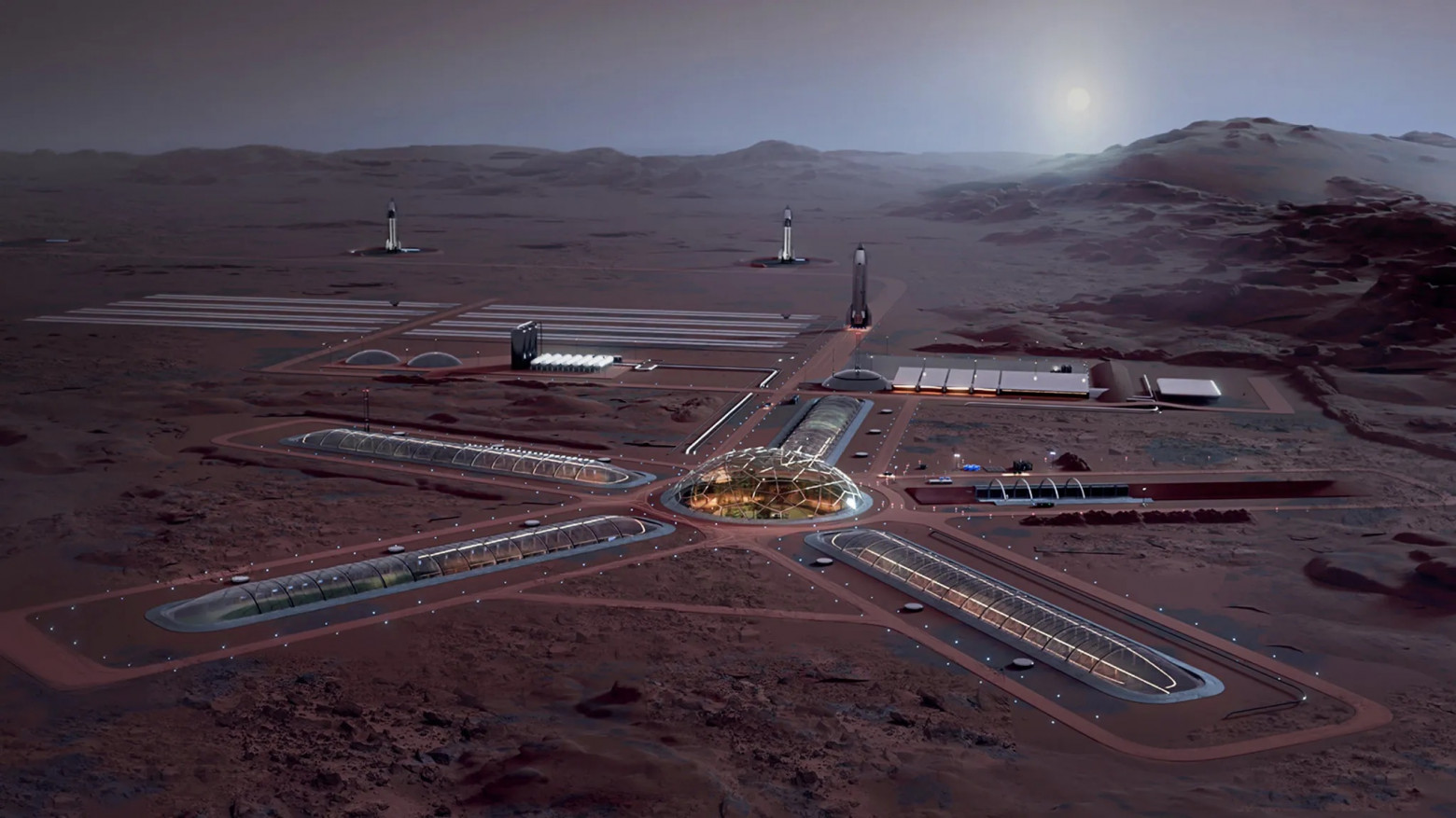 Конечная цель Илона Маска — создание «самодостаточного» города на Марсе, что, по его прогнозам, может быть достигнуто через «20-30 лет», согласно сообщению, опубликованному в августе на сайте SpaceX. Credit: SpaceX.