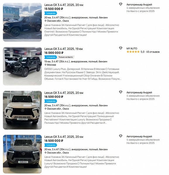 Премиум-версия Toyota Land Cruiser 250 прибавила в цене. В мае дилерский Lexus GX 2025 с гарантией можно было купить за 13 млн рублей, сейчас &mdash; от 15,5 млн рублей