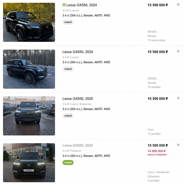Премиум-версия Toyota Land Cruiser 250 прибавила в цене. В мае дилерский Lexus GX 2025 с гарантией можно было купить за 13 млн рублей, сейчас &mdash; от 15,5 млн рублей