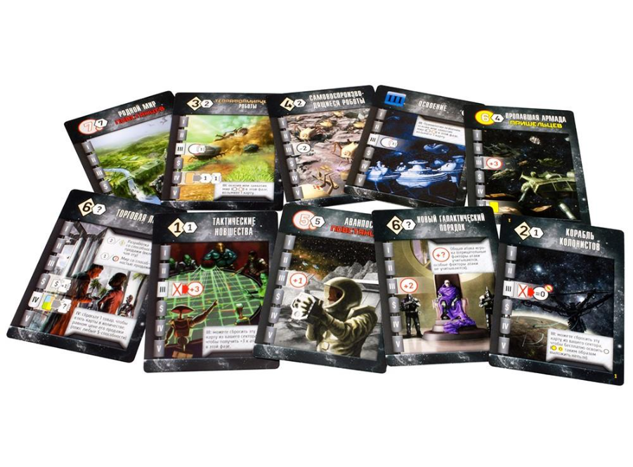 Есть планеты — кружочек слева вверху, и технология — ромбик. В гексе количество ПО, которые игрок получит в конце игры. Обратите внимание, в некоторых гексах вместо цифры знак вопроса. Там количество ПО плавающие, и зависят от того, какие карты вы собрали