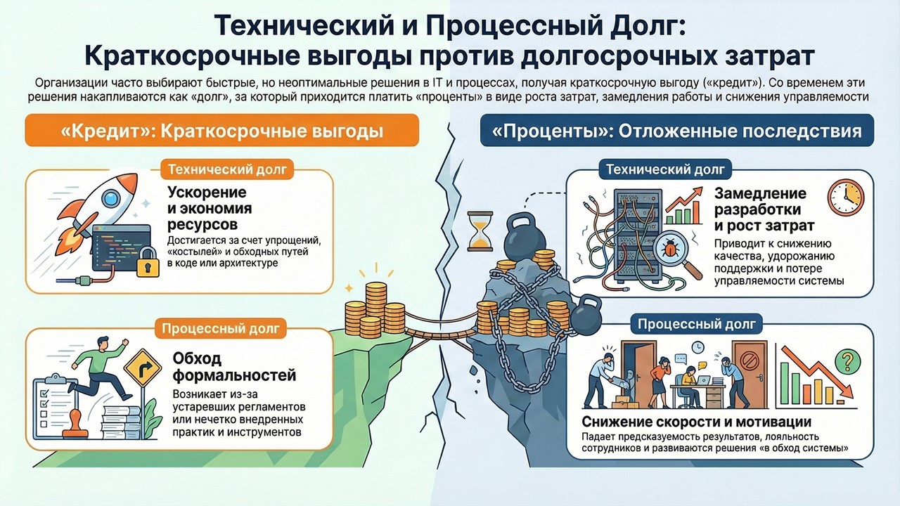 Как быстро понять, что у вас формируется или уже наблюдается процессный долг? Главный признак — процесс перестает обслуживать работу и начинает обслуживать сам себя Как быстро понять, что у вас формируется или уже наблюдается процессный долг? Главный признак — процесс перестает обслуживать работу и начинает обслуживать сам себя