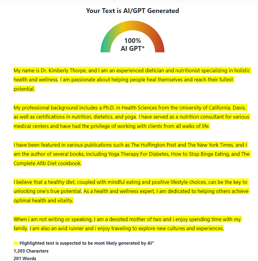 Биография «доктора Кимберли Торп», это один из авторов книги по грибам. ИИ-детектор показывает, что текст был полностью создан в нейросети