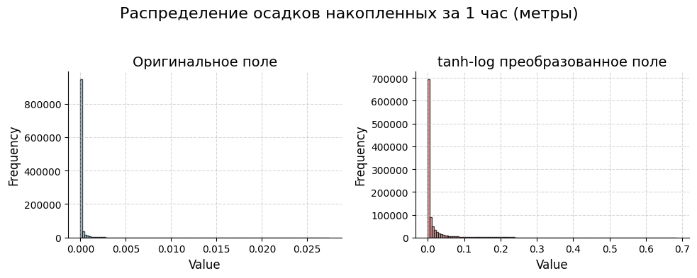 Примеры глобальных карт осадков для разных периодов накопления. Шкала интенсивностей едина для всех случаев. Примеры распределений значений осадков, накопленных за один час: оригинальные значения в метрах и tanh-log преобразованные, т. е. tanh(log(1+x))