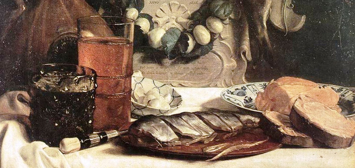 Фрагмент натюрморта «Похвала селёдке» нидерландского живописца Йозефа де Брая, 1656 год. Выше находится одноимённое стихотворение поэта Якоба Вестербаена Фрагмент натюрморта «Похвала селёдке» нидерландского живописца Йозефа де Брая, 1656 год. Выше находится одноимённое стихотворение поэта Якоба Вестербаена