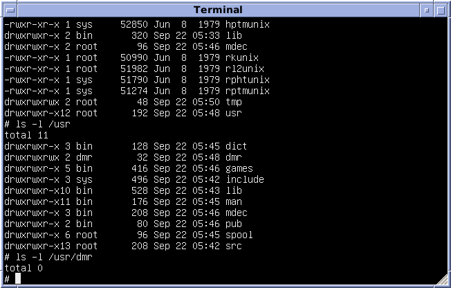 Unix 7 на PDP-11, директория пользователя /dmr