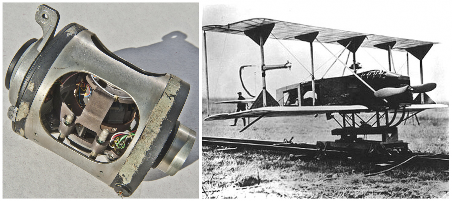 Слева — ранний авиационный гирокомпас Sperry Gyroscope. Справа — один из ранних БПЛА, Hewitt-Sperry Automatic Airplane
