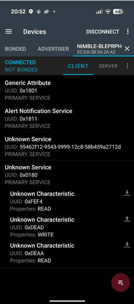 Устройство подключено, виден сервис и характеристики