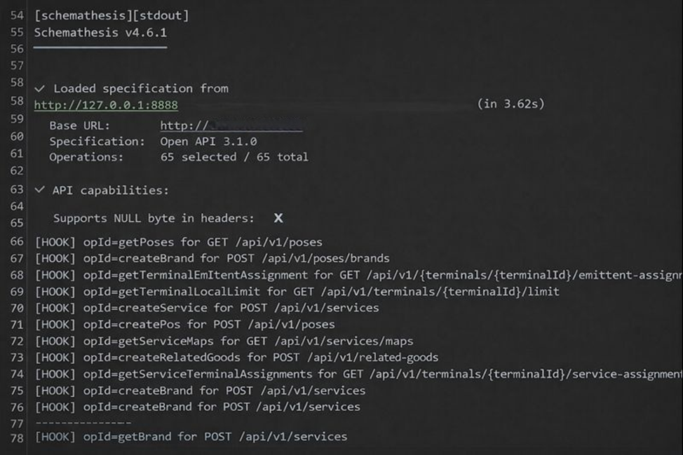 Пример лога работы Schemathesis и передачи operationId через HOOK