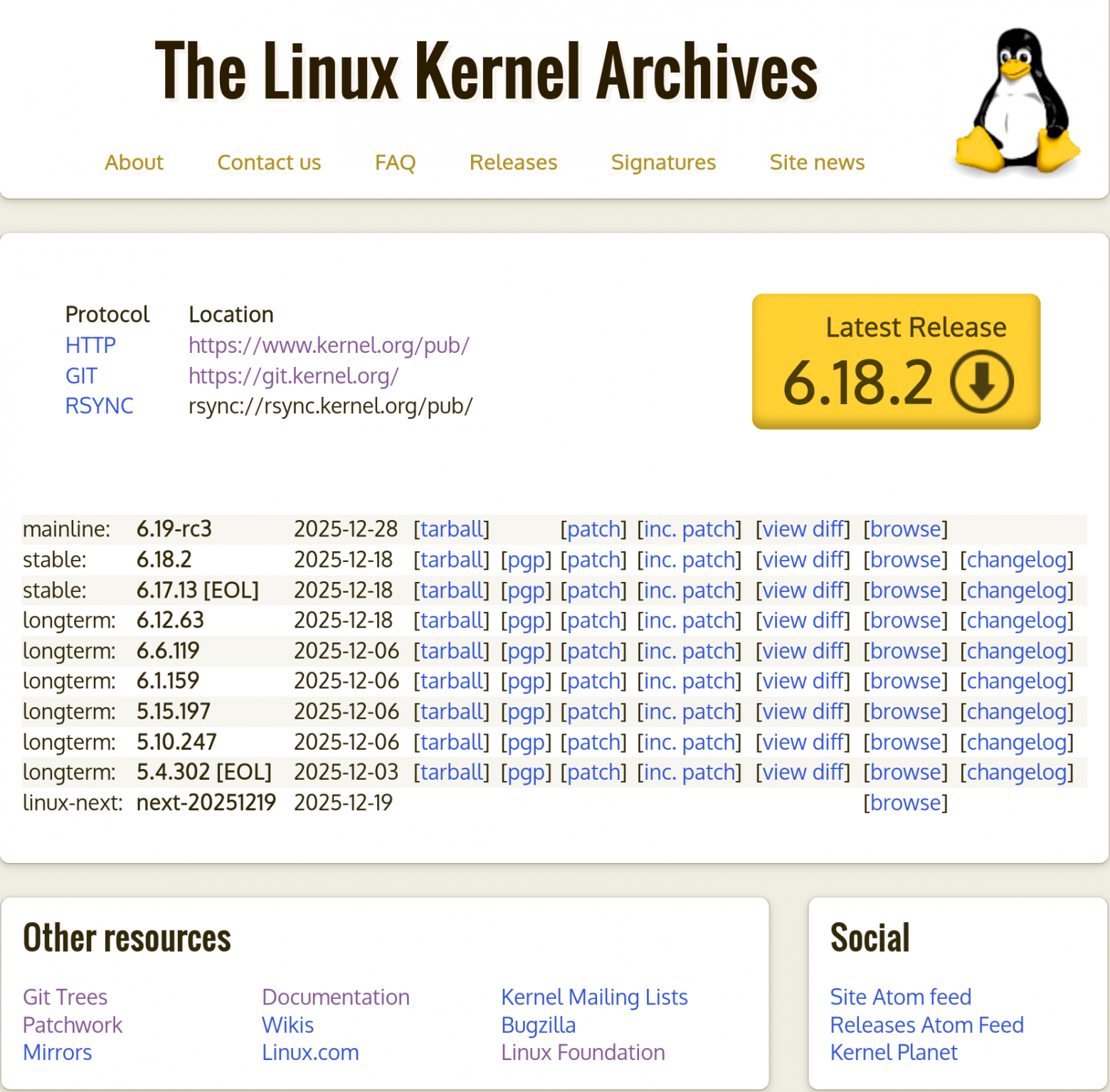 Главная страница сайта kernel.org